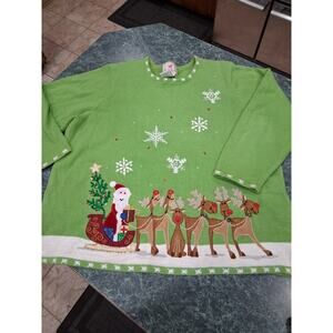 Quacker Factory Women’s 2x Christmas Sweater Green Santa Reindeer Embroidered